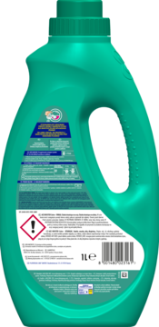 Tył turkusowej butelki Ace Colors 1L odplamiacza do kolorowych tkanin, etykiety z instrukcjami i ostrzeżeniami.