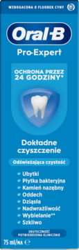 Niebieskie opakowanie Oral-B Pro-Expert pasty do zębów 75ml, z grafiką zęba w tarczy i napisem 24h ochrona.