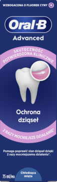 Oral-B Advanced pasta do zębów, ochrona dziąseł, niebieskie opakowanie z zębem i różowym znakiem, widok z przodu.