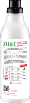 Tył białej butelki płynu do prania ZIELKO Pomegranate & Ginger do ciemnych tkanin, z czytelną tabelą dawkowania.