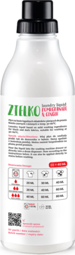 Tył białej butelki płynu Zielko Laundry Liquid Pomegranate & Ginger do ciemnych tkanin, z instrukcjami i tabelą dawkowania.