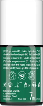 Tył ciemnozielonego lakieru hybrydowego UV, 7ml, z białym korkiem i detalami składników/certyfikatów.