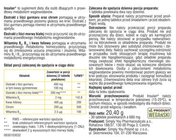 Insulan ulotka informacyjna, biała z czarnym tekstem o składzie, dawkowaniu i zielonym symbolem wegańskim.