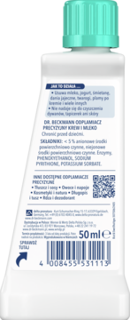 Biała butelka Dr. Beckmann odplamiacza do krwi i mleka 50ml, tył z etykietą, składem, kodem QR i kreskowym.