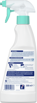 Tył białej butelki sprayu z turkusowym spryskiwaczem, z niebieską etykietą, kodem kreskowym i napisem 500 ml.