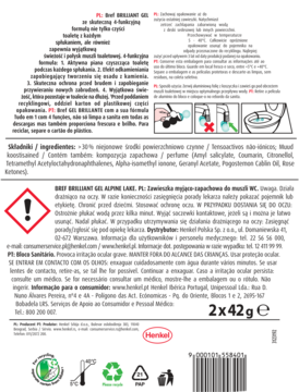 Tył biało-niebieskiego opakowania Bref Brilliant Gel All in 1 Kostki WC Górskie Jezioro 2x42g z opisami i ikonami.