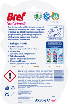 Biały tył opakowania Bref Spa Moments do WC, z opisem 4-funkcji, ikonami i zdjęciami produktów Bref.