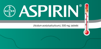 Opakowanie leku Aspirin Bayer 500 mg z kwasem acetylosalicylowym, zielone z białym napisem i czerwonym termometrem, widok z przodu.