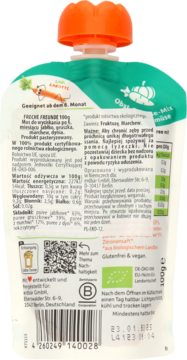 Tył saszetki musu Erdbär Freche Freunde (jabłko, gruszka, marchew, dynia) 100g. Zielona-biała z kodem EAN.