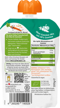 Erdbär Freche Freunde, tył torebki musu BIO, jabłko-gruszka, 18% warzyw. Widoczne wartości odżywcze i skład.