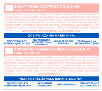 Panel informacyjny kremu Mixa do bardzo suchej skóry. Hipoalergiczny, nie zatyka porów. Białe tło, różowe i niebieskie paski.