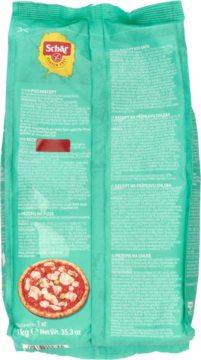 Tylna strona turkusowego opakowania mąki bezglutenowej Schar do pieczenia chleba i pizzy, z przepisami.