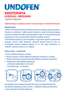 Biała ulotka UNDOFEN KRIOTERAPIA na kurzajki i brodawki, z opisem metody i instrukcjami w czterech krokach.