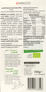 Tył opakowania paluszków serowych enerBiO Gouda 100g, z tabelą wartości odżywczych i składników.