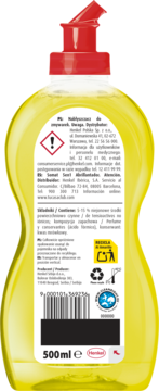 Tył żółtej butelki Somat Duo Power Experts Lemon nabłyszczacza 500ml. Czerwona nakrętka, biała etykieta z instrukcjami.