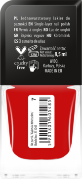 Tył czerwonego lakieru do paznokci Wibo, 8,5 ml, z etykietą produktu, numerem partii i oznaczeniami cruelty-free.