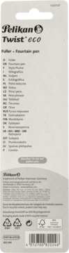 Tył opakowania pióra wiecznego Pelikan Twist eco z informacjami o produkcie, symbolami recyklingu i kodem kreskowym.