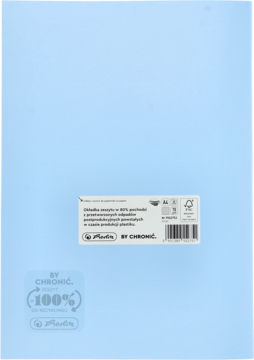 Tył jasnoniebieskiego zeszytu Herlitz BY CHRONIĆ A4. Widoczna etykieta: 80% plastiku z recyklingu, 100% do recyklingu.