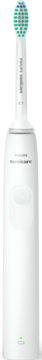 Biała szczoteczka soniczna Philips Sonicare Seria 2100 z zieloną główką C1, widok z przodu.