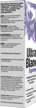 Side of UltraBlanc Express violet toothpaste box (white/purple), detailed Polish text: ingredients, usage, optical whitening.