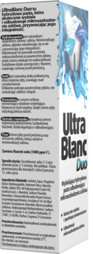 Biała pudełko pasty UltraBlanc Duo do wybielania i odbudowy szkliwa, z błękitną grafiką zębów, widok kątowy.
