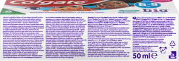 Tył opakowania pasty Colgate Big Kids Smiles 6-9 lat, 50ml. Białe pudełko z fioletowymi informacjami i symbolami recyklingu.