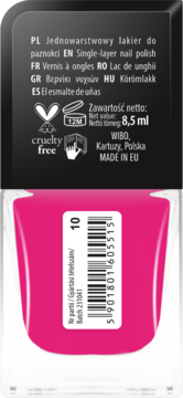 Tył butelki różowego lakieru do paznokci WIBO z czarną etykietą, napisy PL/EN, cruelty-free, 8,5ml, kod 5901801605515.