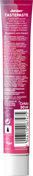 Tył różowej tubki pasty Jordan TastePaste Raspberry Mint z listą składników i kodem kreskowym, 50ml.