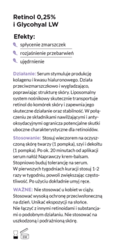 Biała strona z opisem serum Retinol 0,25% i Glycohyal LW, nagłówki w fiolecie, efekty i działanie.