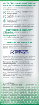 Tył opakowania serum NIVEA Cellular Luminous630 na przebarwienia po trądziku, biało-zielone, z polskim opisem.