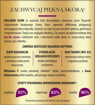 Promocyjna grafika Lirene Collagen Glow. Opis składu (złoto, kolagen, niacynamid) i działania na skórę dojrzałą.