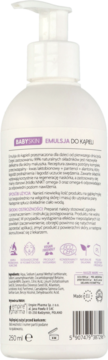 Tył białej butelki z pompką BabySkin Emulsji do Kąpieli dla dzieci, z fioletowym napisem i opisem składników.