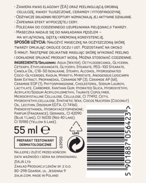 Tył opakowania maski Ziaja EA+ z kwasem elagowym, widoczne składniki, sposób użycia i kod kreskowy.