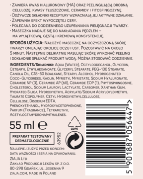 Tył opakowania maseczki Ziaja HA+ z kwasem hialuronowym. Widoczny skład INCI, objętość 55ml i recykling.