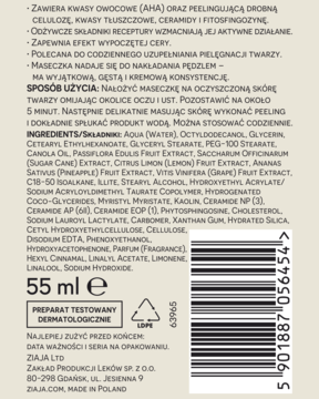 Tył opakowania maseczki do twarzy Ziaja AHA+ 55 ml, z opisem użycia, pełną listą składników i kodem kreskowym.