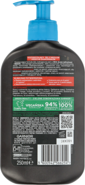 Tył butelki Garnier żelu oczyszczającego 250ml z BHA i węglem, czarna z niebieską pompką, widoczny skład.