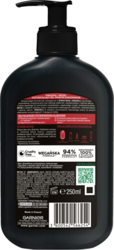 Tył czarnej butelki Garnier Żel Oczyszczający z BHA i Węglem, 250ml, widok etykiety ze składem i certyfikatami.