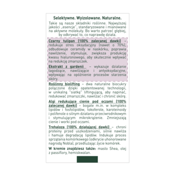 Fragment ulotki Uzdrovisco Czarny Tulipan Intense kremu pod oczy, z opisem składników aktywnych.