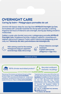 NIVEA Overnight Care, tył opakowania pomadki do ust, z opisem intensywnej pielęgnacji i składem bez oleju mineralnego.