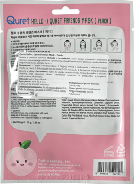 Tył różowej maski Quret Peach 25g, rewitalizującej w płachcie, z instrukcjami i składnikami.
