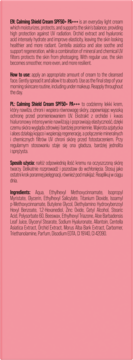 Tył różowego opakowania kremu Calming Shield SPF50+ PA+++, z tekstem o nawilżeniu i składnikach.