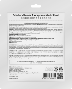 Tył białego opakowania Esfolio Vitamin A Ampoule Mask Sheet, widoczne szczegóły i instrukcje użytkowania.