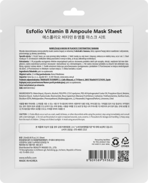 Tył białego opakowania maski w płachcie Esfolio Vitamin B Ampoule Mask Sheet z czarnym tekstem i kodem kreskowym.