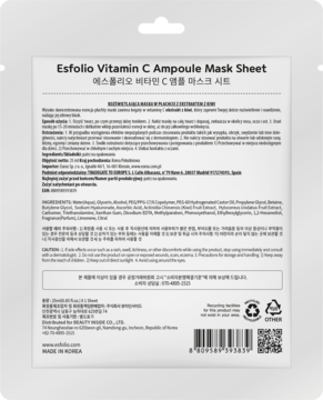 Tylna strona białej saszetki Esfolio Vitamin C Ampoule Mask Sheet, z drobnym tekstem i kodem kreskowym.
