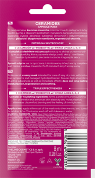 Opakowanie z tyłu: różowa ampułko-maska Eveline Ceramides 8ml, składniki: ceramidy, probiotyki, omega 3,6,9.