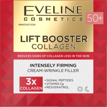 Eveline Lift Booster Collagen 50+ krem-wypełniacz, na dzień i noc, w czerwono-złotym pudełku, z przodu.