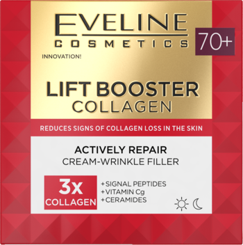 Eveline Lift Booster Collagen 70+ krem-wypełniacz zmarszczek z wit. C, 3x kolagenem, czerwono-złoty karton.
