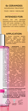 Tył żółto-różowego opakowania serum Eveline 6x CERAMIDES, z opisem "Nourishing Treatment", instrukcją i składem.