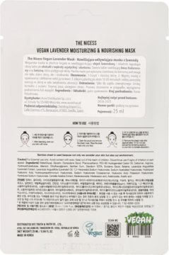 Tył białej saszetki maski The Nicess Vegan Lavender, z polskim i angielskim opisem składników, oraz instrukcją użycia.