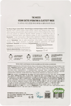 Biały tył opakowania maski w płachcie THE NICESS Vegan Cactus Hydrating & Elasticity z instrukcją i logo VEGAN.